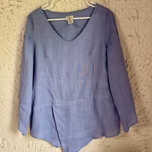 Vintage 100% Linen Blouse Blue USA Large Minimalist Linen Top Lightweight Summer